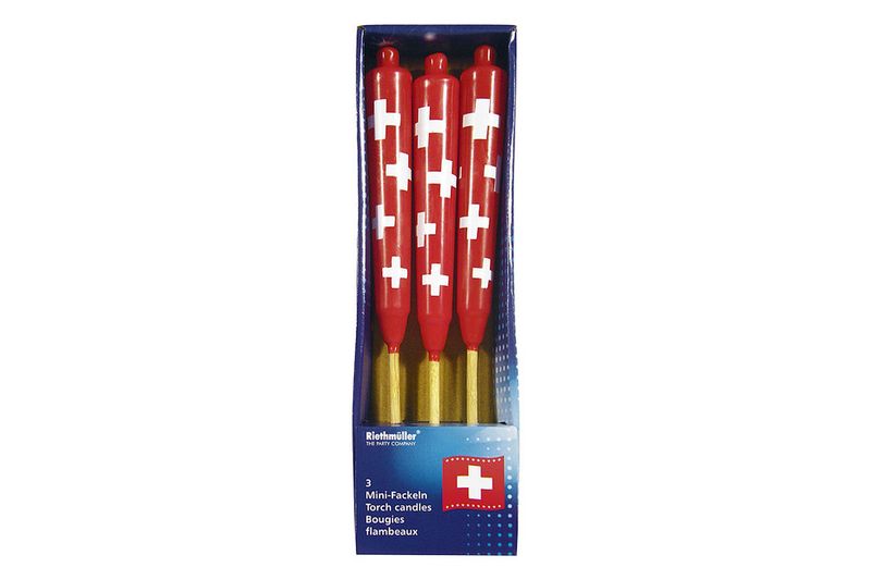Mini-torches, bougies flambeaux avec croix Suisse 3 pièces dans un carton, pour le 1er août Fête nationale