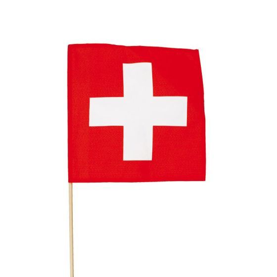 Drapeau Suisse sur bâton en bois 40 x 40 cm, pour les fans de foot, hockey, etc.