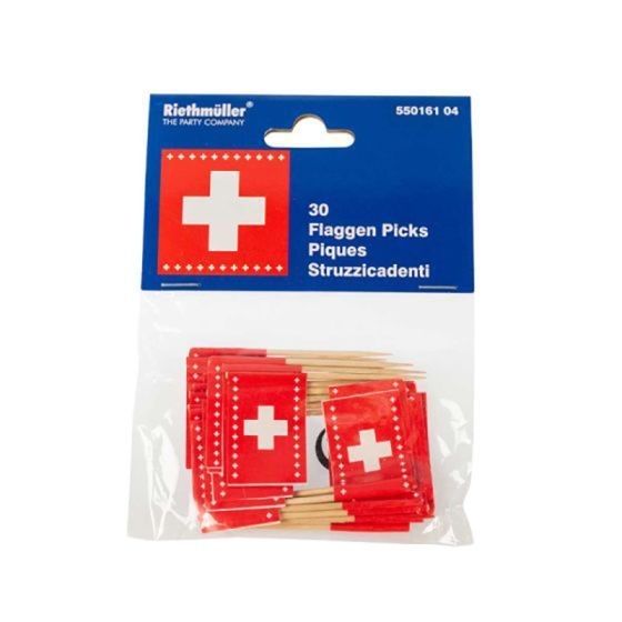 Sachet avec 30 cure-dents, piques - drapeaux en papier Suisse 2.7 x 2.7 cm