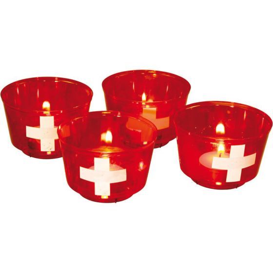 4 gobelets rouges, en plastique, avec croix Suisse, inclus 4 bougies