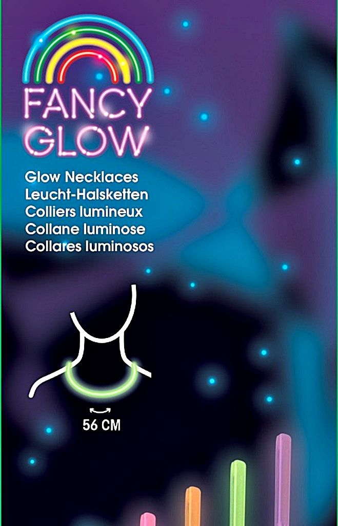 Chaîne de cou en fil fluo FANCY GLOW, Colliers lumineux, 4 pièces 56 cm., pour carnaval, anniversaire, soirée déguisée, etc.