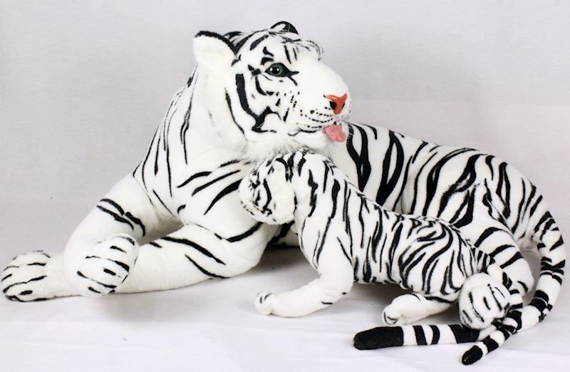 Peluche Tigre blanc avec bébé, 90 cm