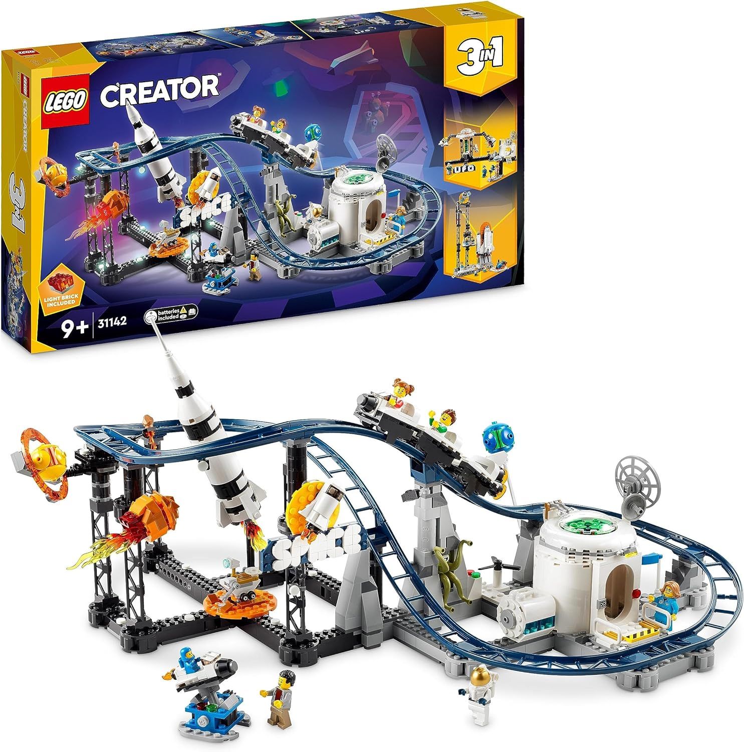 LEGO 31142 Creator Les Montagnes Russes de l’Espace, avec Tour de Chute Libre, Maquette de Manège
