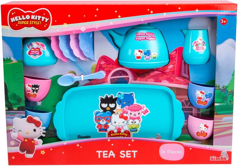 Simba- Hello Kitty Service à thé 16 pièces avec théière, 4 Tasses, 4 soucoupes, sucrier, Pot à Lait, Plateau, 4 cuillères, à partir de 3 Ans (dinette)