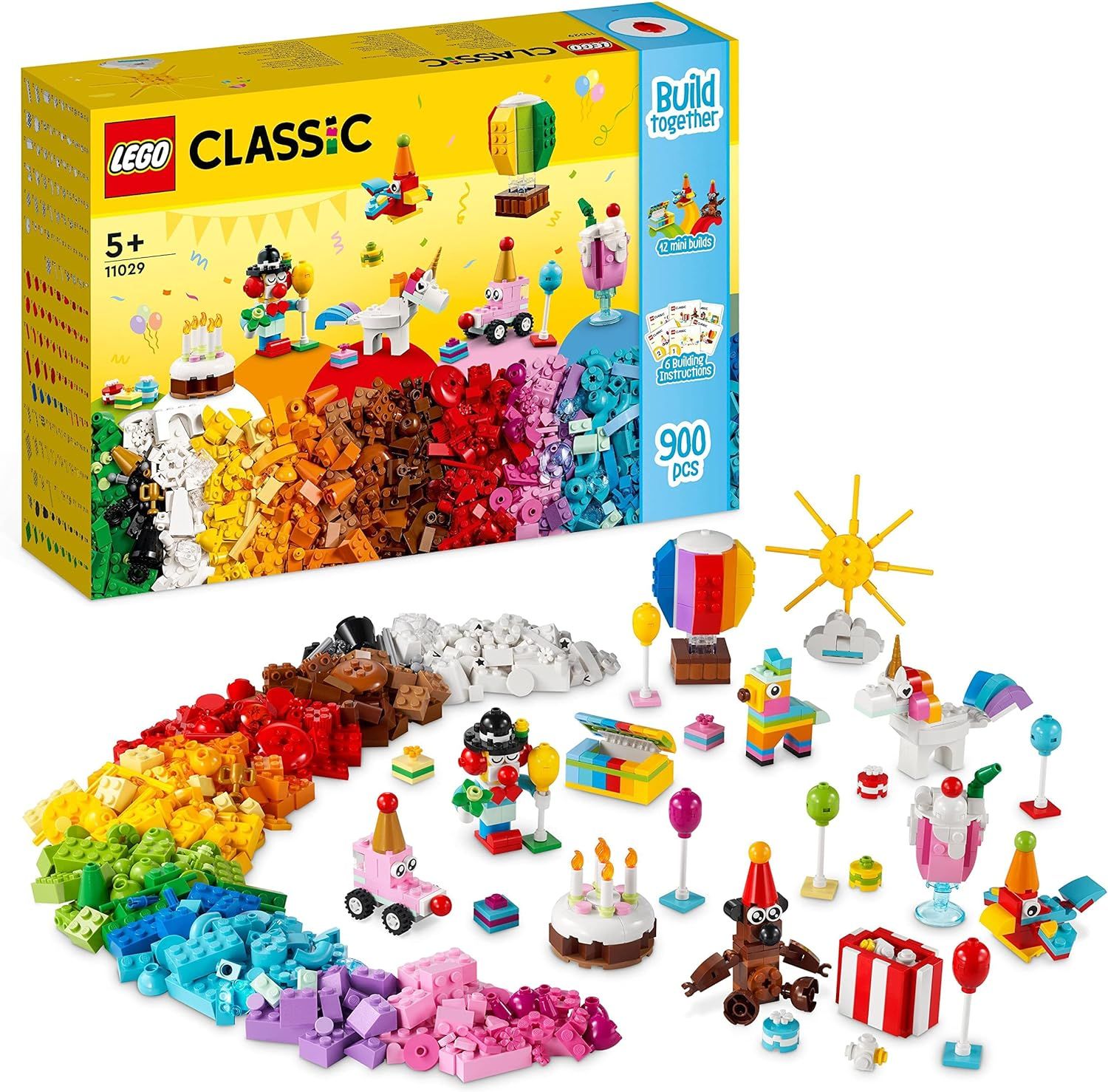 LEGO 11029 Classic Boîte de Fête Créative, Ensemble de Briques, à Jouer en Famille, Comprend 12 Mini Jouets : Ourson, Clown, Licorne