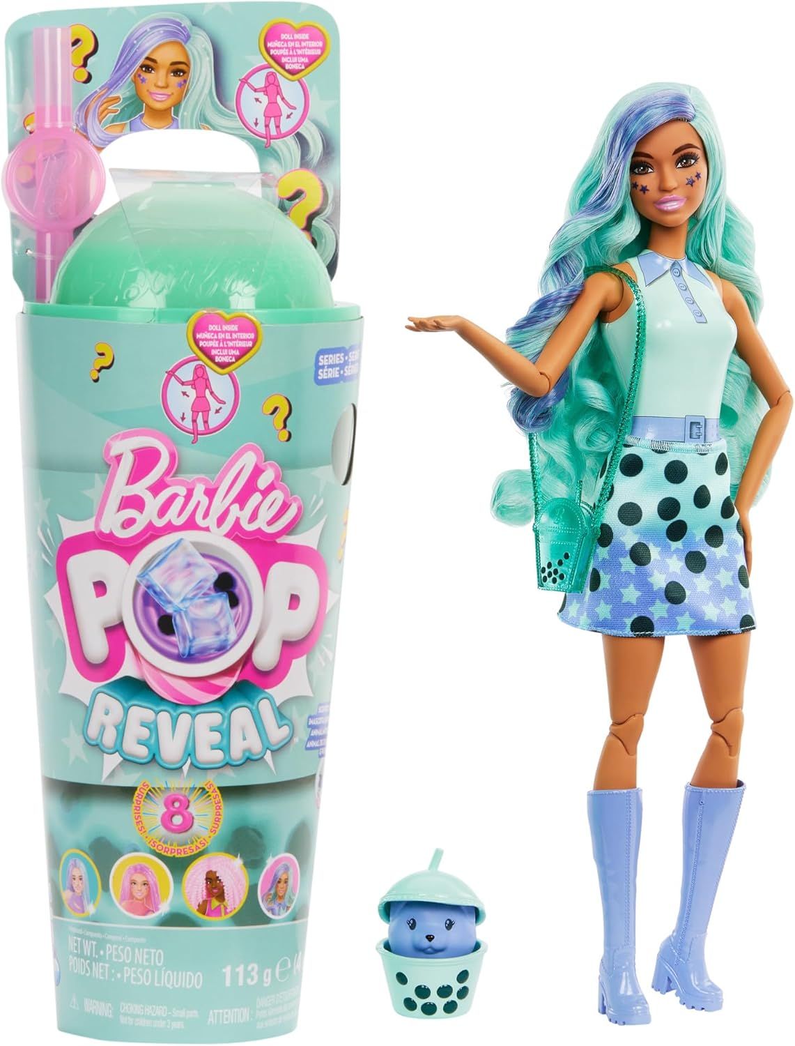 Barbie Poupée Pop Reveal série Bubble Tea avec accessoires et animal parfum thé vert, 8 surprises dont un changement de couleur, un gobelet avec rangement