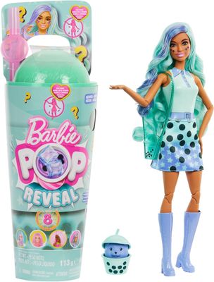 Barbie Poupée Pop Reveal série Bubble Tea avec accessoires et animal parfum thé vert, 8 surprises dont un changement de couleur, un gobelet avec rangement