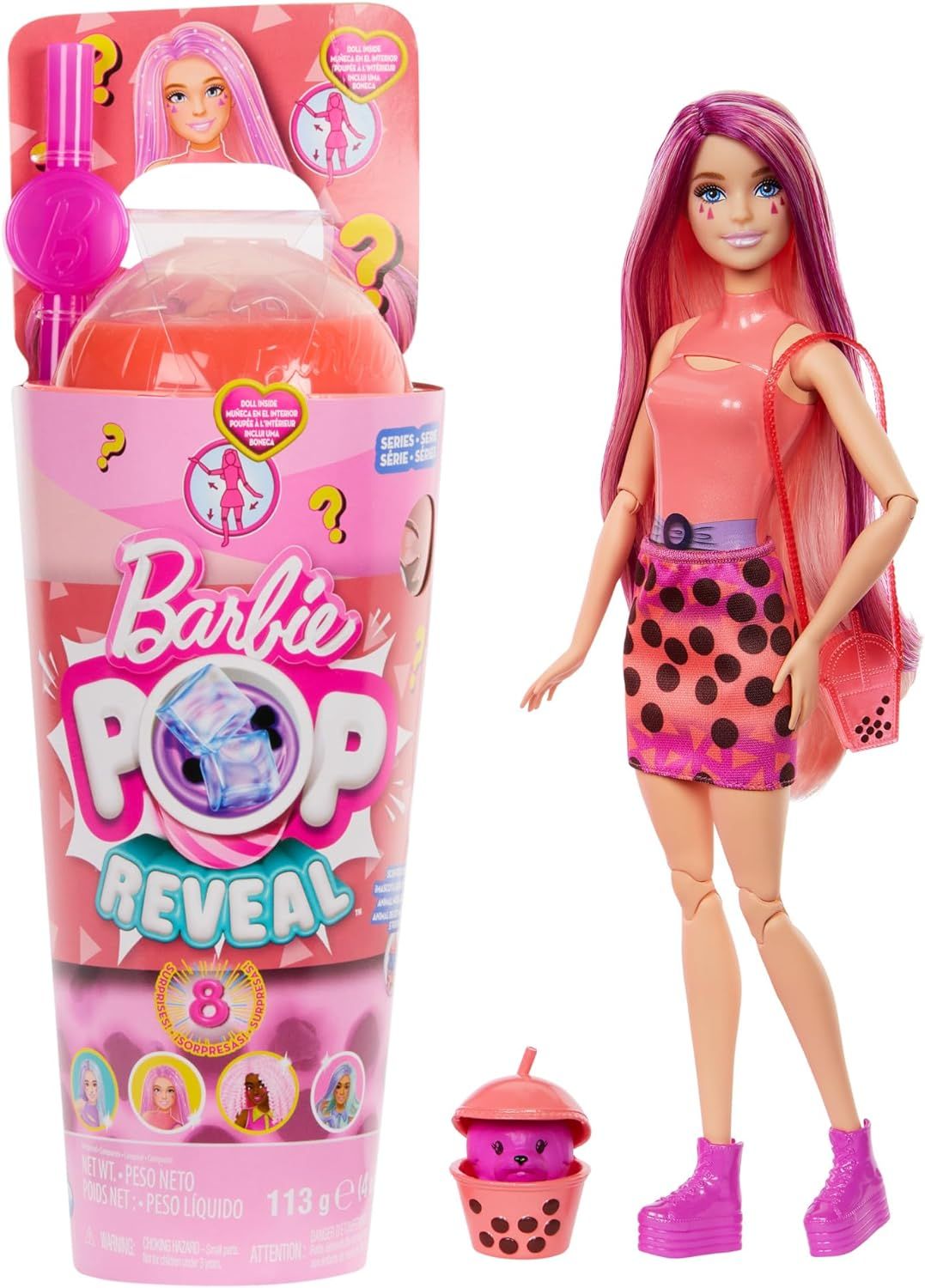 Barbie Poupée Pop Reveal série Bubble Tea avec accessoires et animal parfum mochi à la mangue, 8 surprises dont un changement de couleur, un gobelet avec rangement