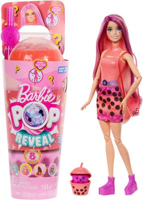 Barbie Poupée Pop Reveal série Bubble Tea avec accessoires et animal parfum mochi à la mangue, 8 surprises dont un changement de couleur, un gobelet avec rangement