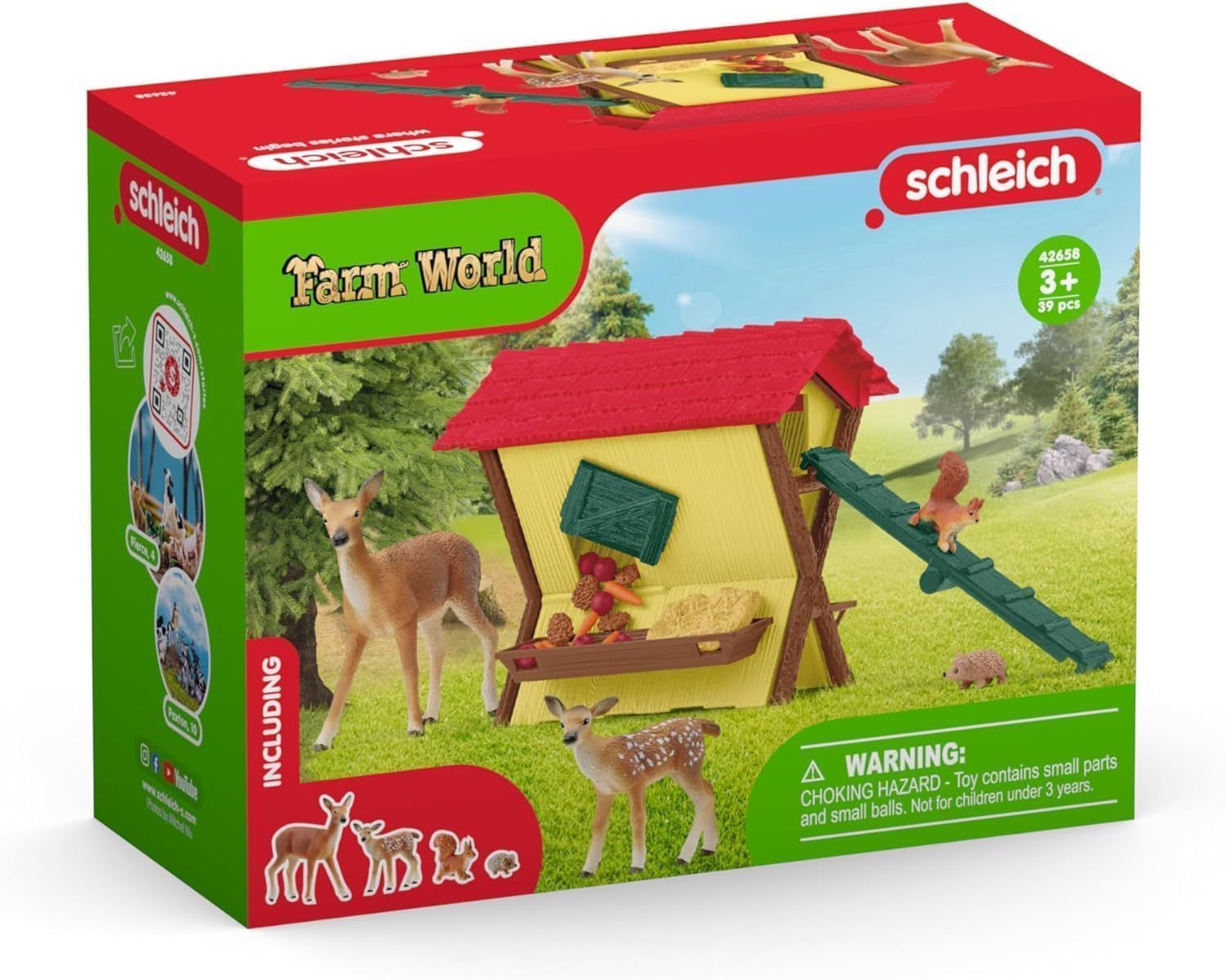 Schleich, Cabane des animaux de la forêt, dès 3 ans, FARM World, écureuil, hérisson, biche et faon- coffret, 39 pièces
