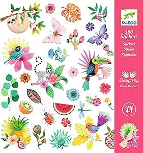 Djeco Stickers Paradise, fleurs, paresseux, perroquets, fruits tropicaux