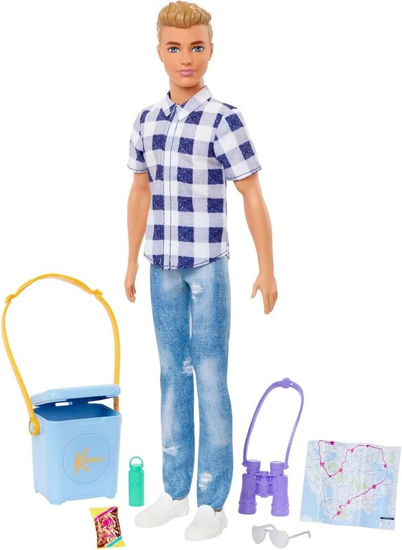 Barbie Poupée Ken Camping avec Chemise à Carreaux, Jean Effet usé et Baskets Blanches, avec 6 Accessoires de Camping