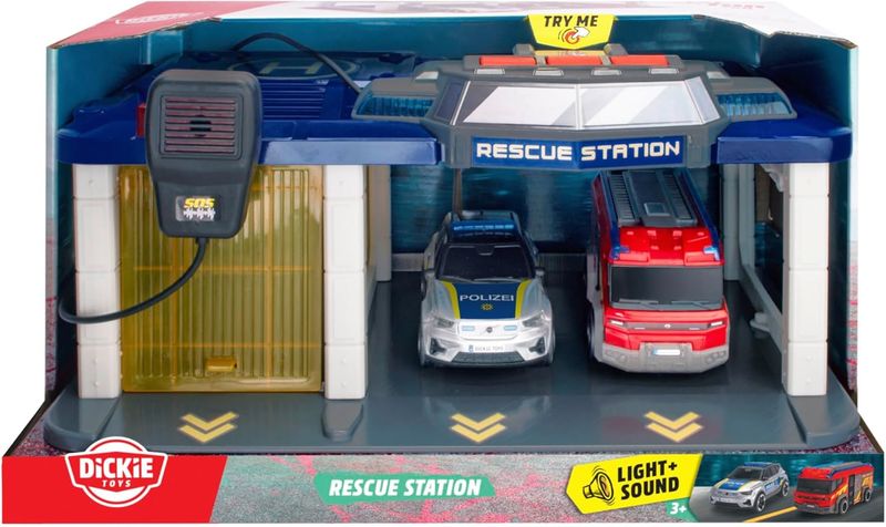 Dickie Toys Véhicule d'assistance Rescue Station, voiture de police et de pompier, avec microphone pour parler