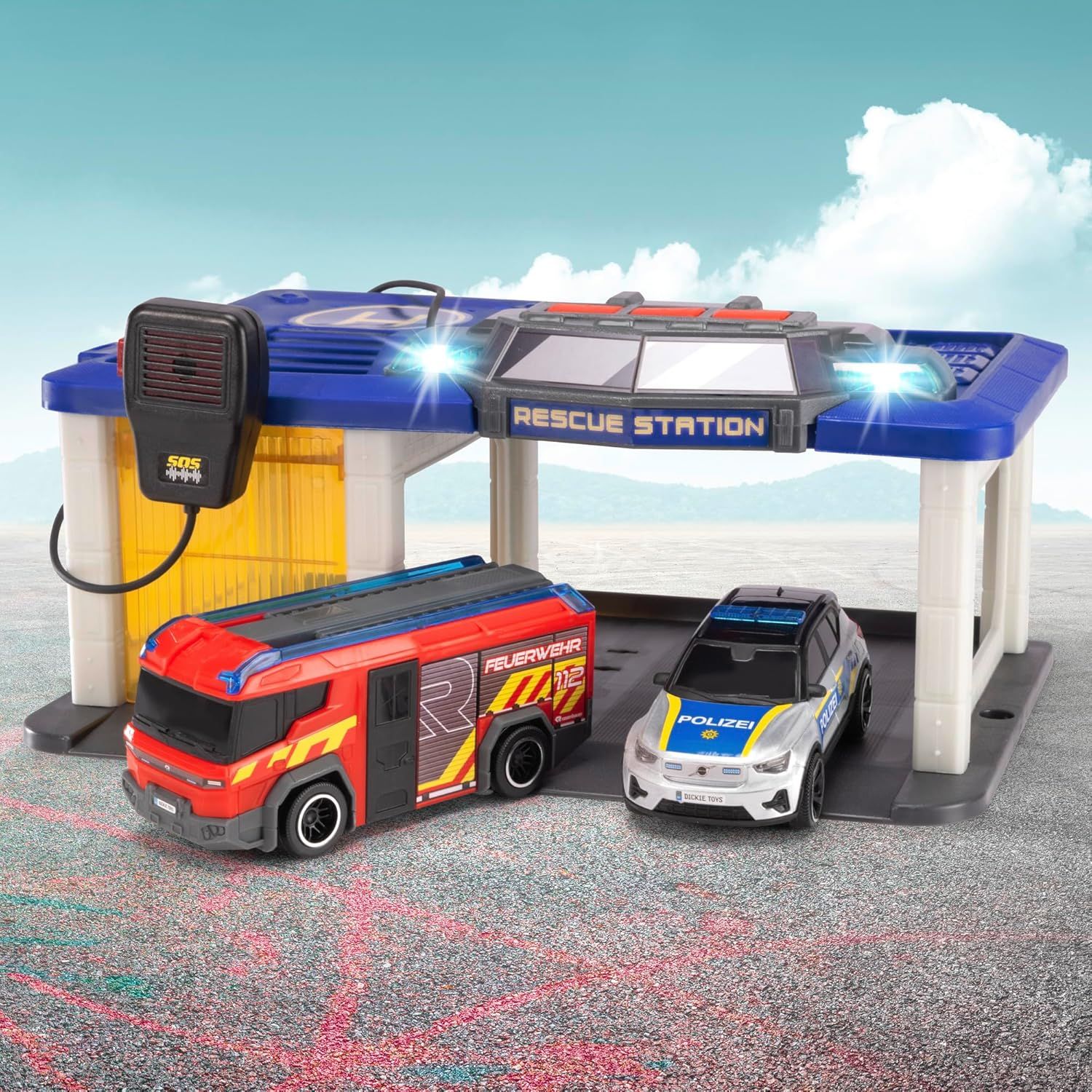 Dickie Toys Véhicule d&#39;assistance Rescue Station, voiture de police et de pompier, avec microphone pour parler