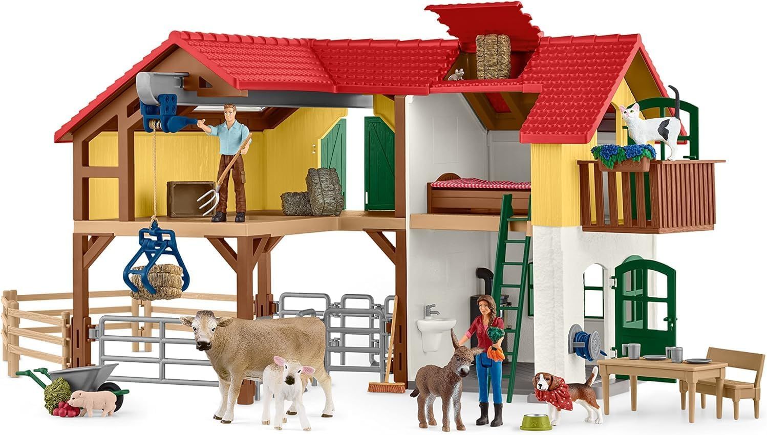 Schleich 42407 FARM WORLD – Ferme avec étable et animaux, coffret de 97 pièces avec figurines de fermier, plusieurs animaux et accessoires
