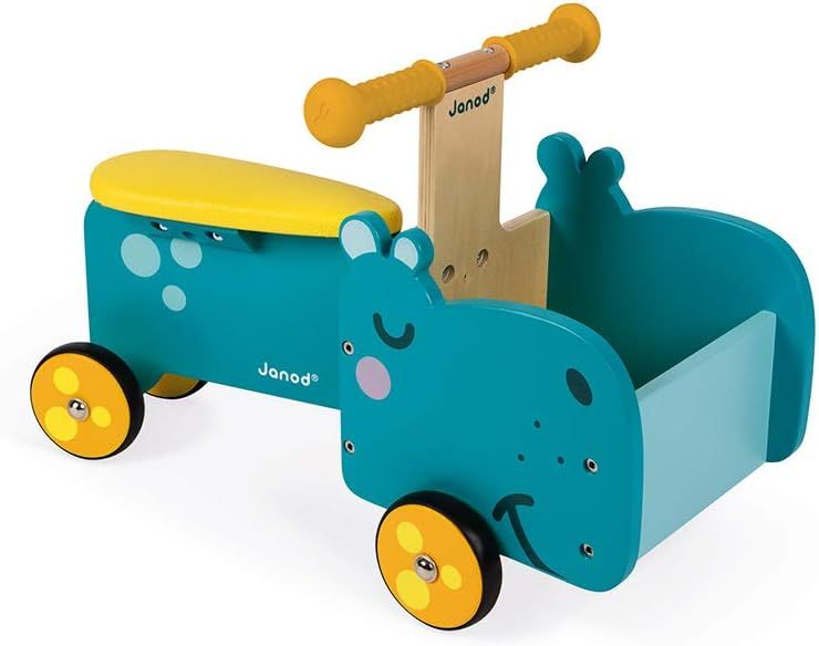 Janod - Porteur Enfant en Bois Hippo - Poignées Ergonomiques et Roues Silencieuses - Casier de Rangement - Apprentissage de l'équilibre