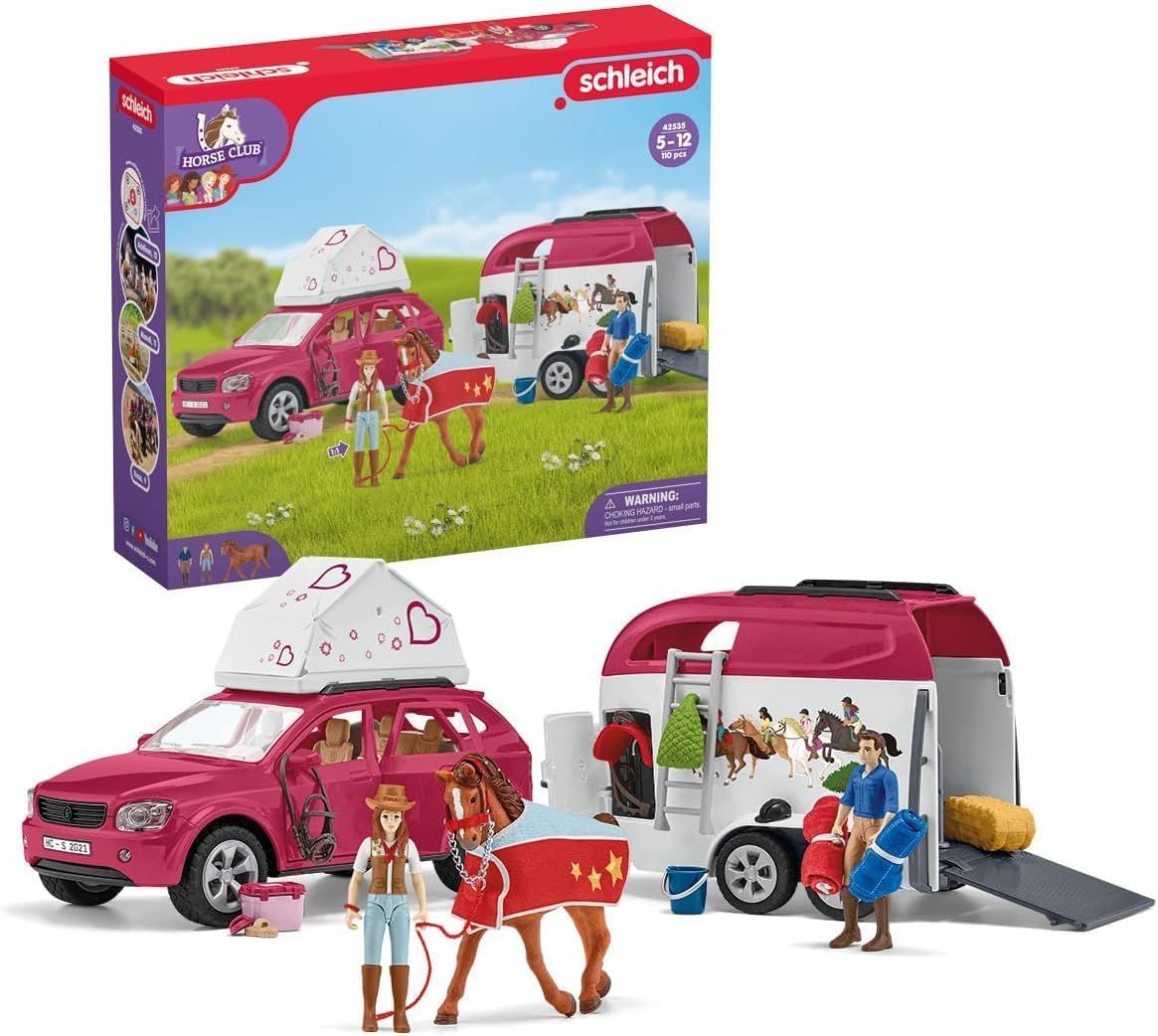 Schleich 42535 HORSE CLUB - Voyage en voiture avec remorque, van, Coffret avec 1 cheval inclus, figurines
