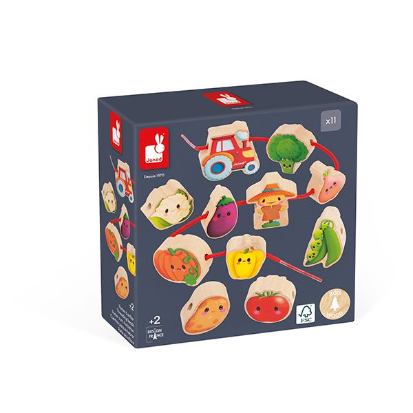 Janod Grosses perles à enfiler en bois, Potager, légumes et tracteur