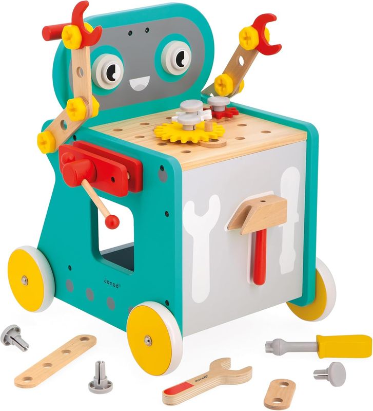Janod chariot à pousser avec des roues,  robot en bois avec outils, marteau, tournevis, etc.