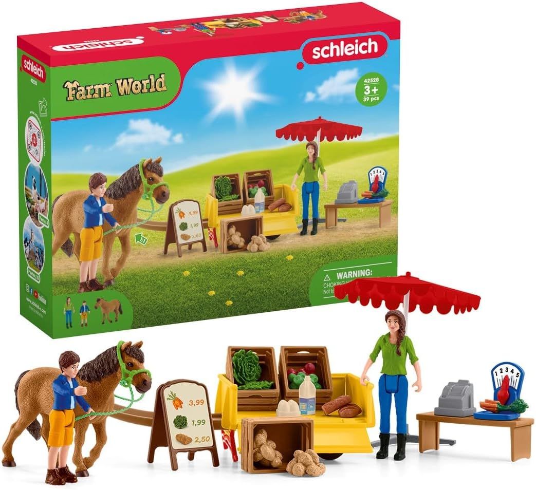 Schleich FARM WORLD – Étal mobile de la ferme, jeu de ferme avec figurines de fermiers, cheval et étal de marchandises