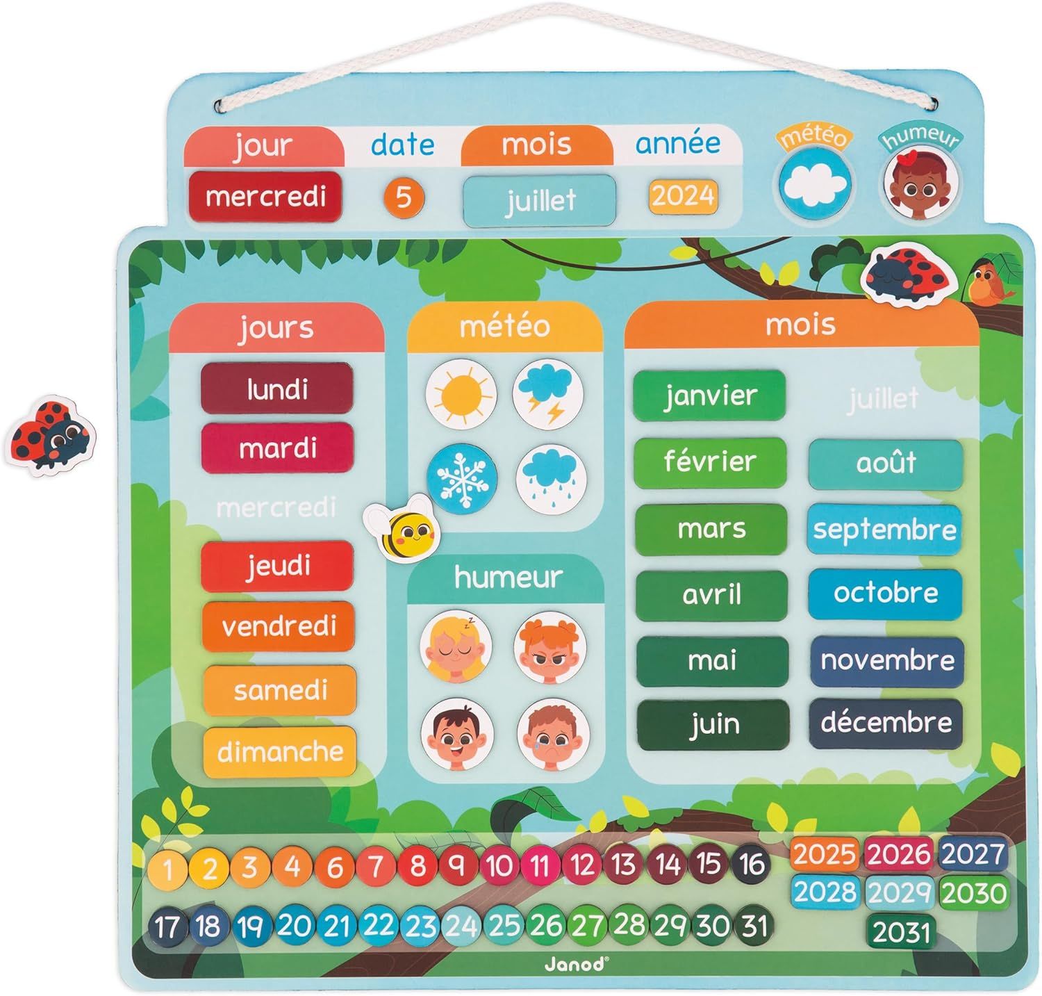 Janod - Calendrier Magnétique - 71 Magnets - Jeu Educatif - Mieux Appréhender la Notion du Temps et Gagner en Autonomie