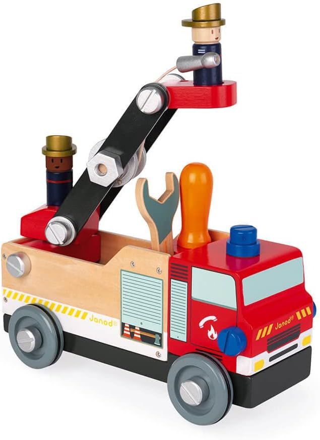 Janod - Camion de Pompiers  Brico&#39;kids en Bois - Jeu de construction - Avec 2 Pompiers - 45 Pièces