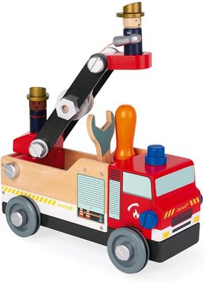 Janod - Camion de Pompiers  Brico&#39;kids en Bois - Jeu de construction - Avec 2 Pompiers - 45 Pièces