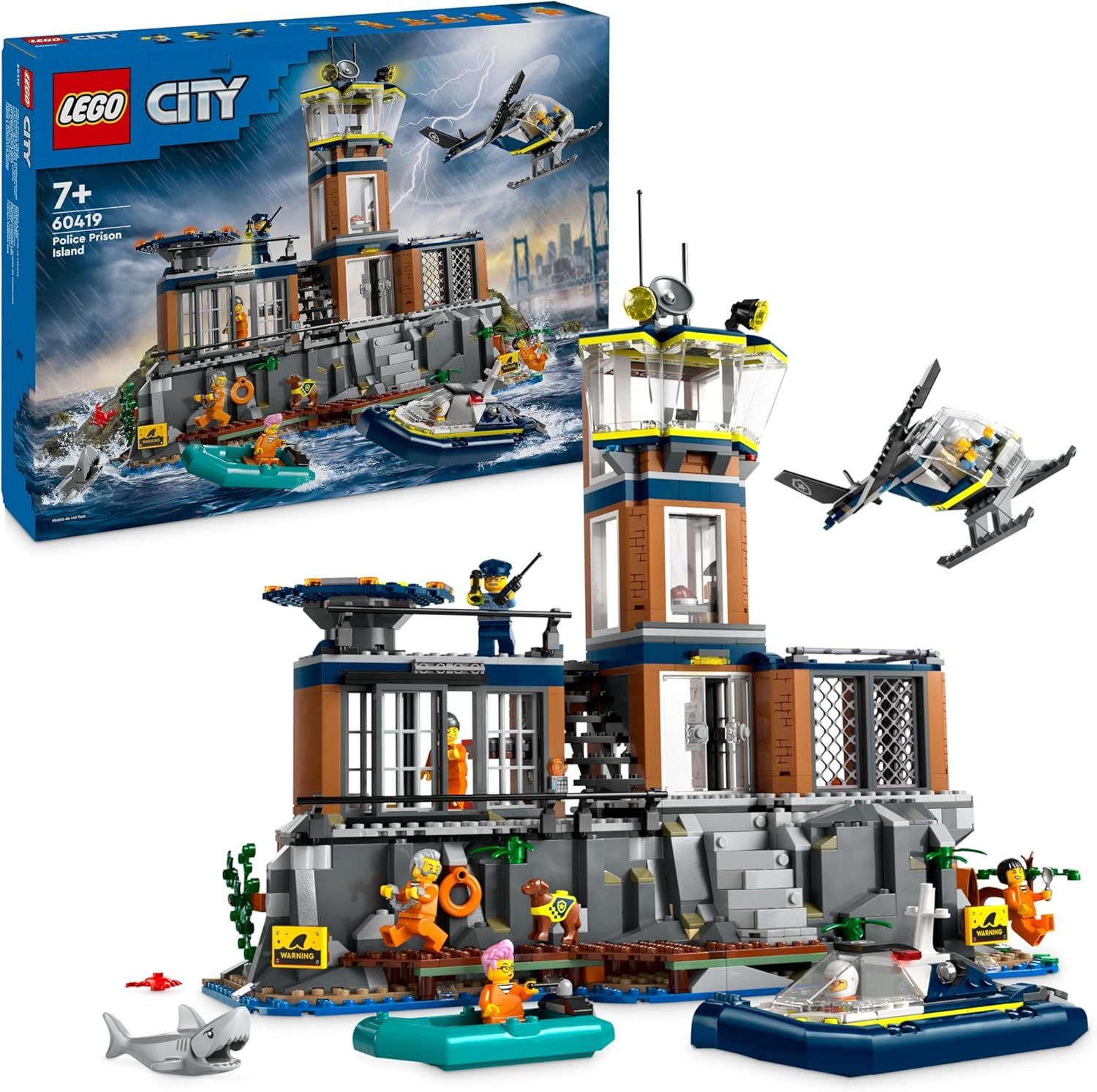 LEGO City La Prison de la Police en Haute Mer, Jouet avec Hélicoptère et Bateau, Minifigurines de Policier et Figurines d&#39;animaux
