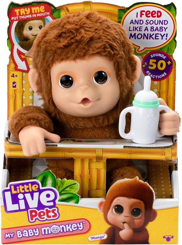 Little Live Pets Mon bébé Singe Jouet Singe interactif, Nourris-Le, Il suce Son Pouce et rigole. avec Plus de 50 Sons et réactions À partir de 4 Ans, Certificat d’Adoption, Biberon et Piles fournis