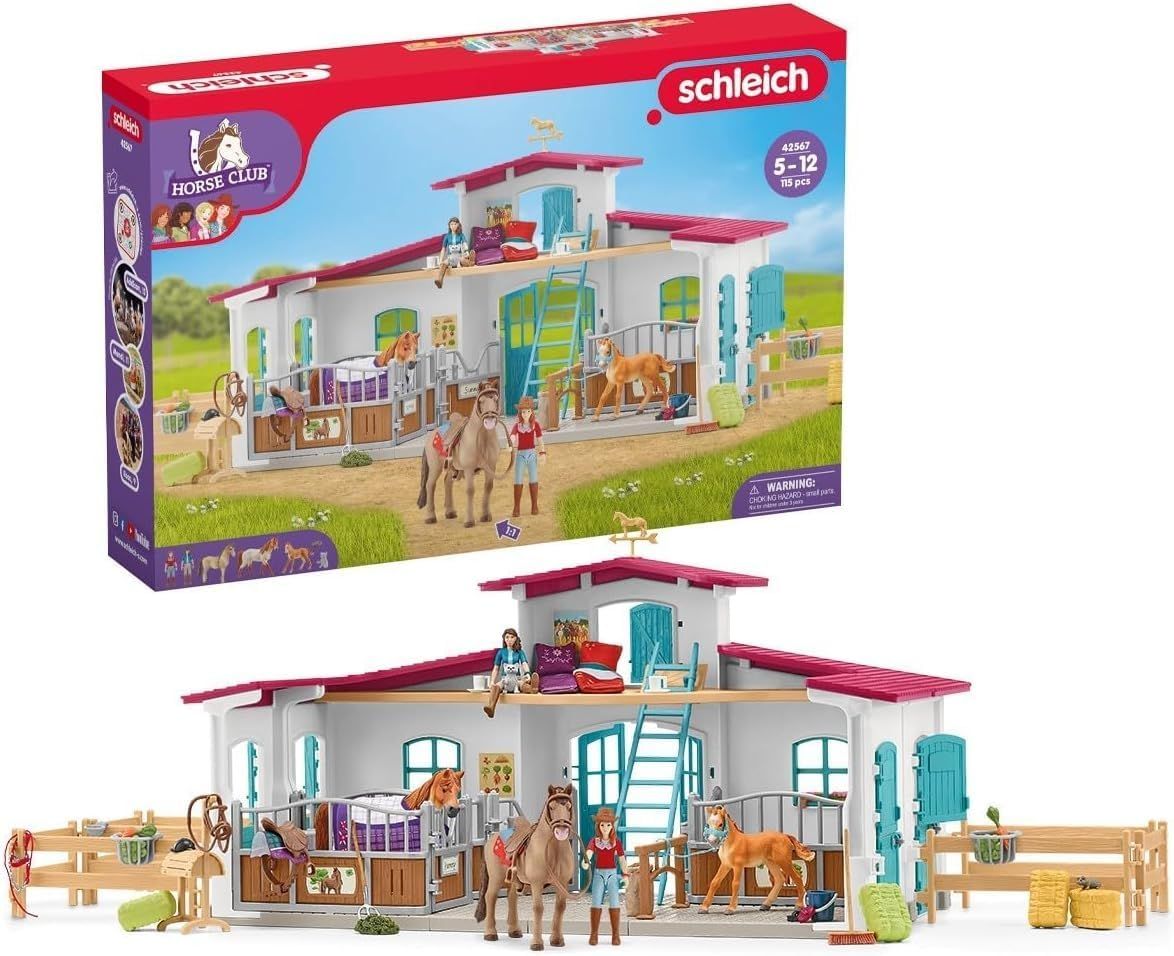 Schleich 42567 HORSE CLUB - Nouveau Centre Équestre de Lakeside,coffret figurines avec 56 éléments inclus dont 3 chevaux, Écurie