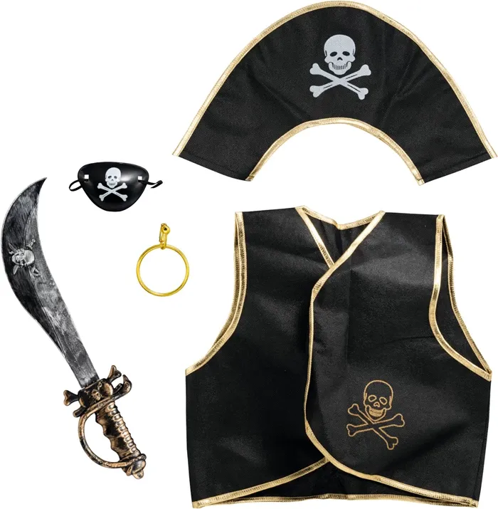 Déguisement, Set pirate 5 pièces, épée, cache-œil, boucle d&#39;oreille, gilet, couvre-chef chapeau, pour carnaval, anniversaire, etc.