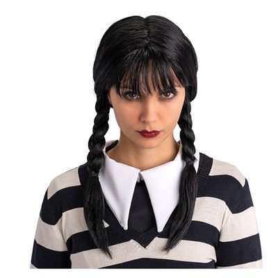 Perruque noire avec frange et 2 tresses, Vendredi, pour carnaval, soirée déguisée, Halloween