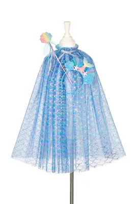 Costume Cape de sirène Marlya bleue, avec baguette magique et diadème, pour carnaval, anniversaire, etc.