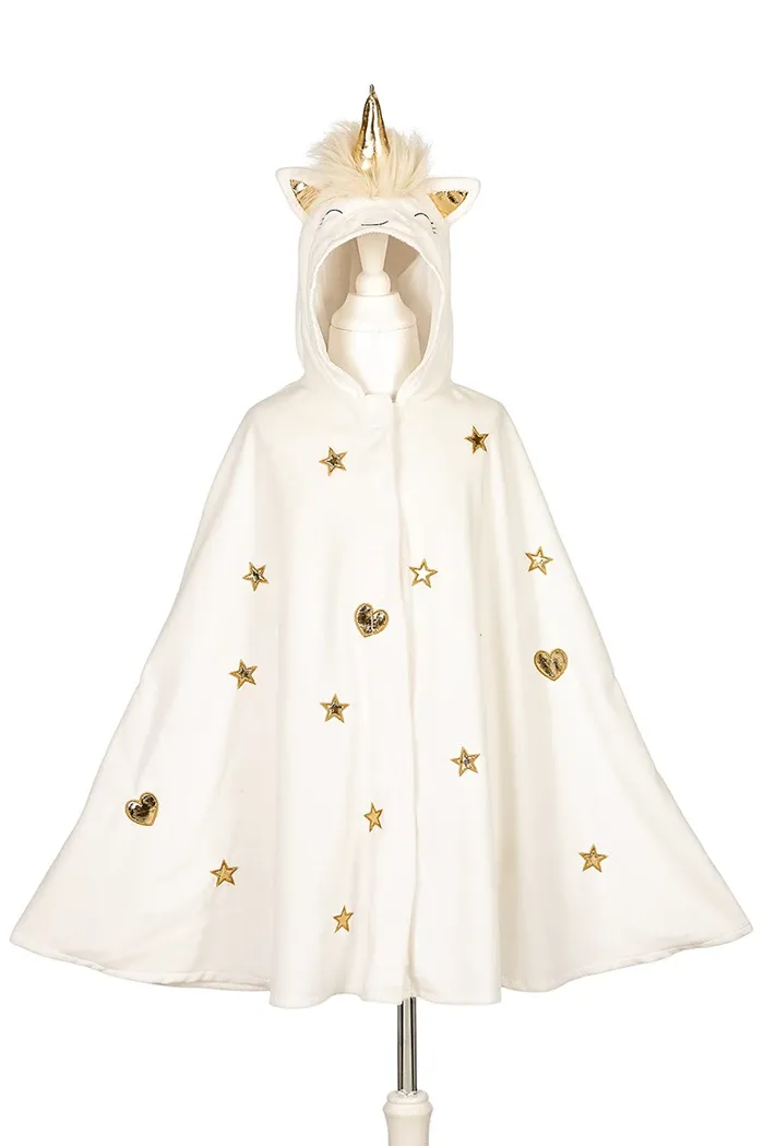 Costume Cape de Licorne blanche avec étoiles et coeurs dorées, 104-128 cm, pour carnaval, anniversaire, soirée déguisée, etc.