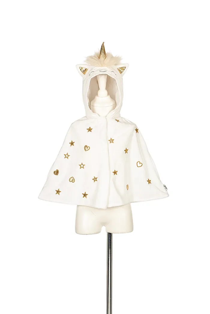 Costume Cape blanche avec capuchon licorne, brodé étoiles et coeurs dorés, 92 cm, pour carnaval, anniversaire, soirée déguisée, etc.
