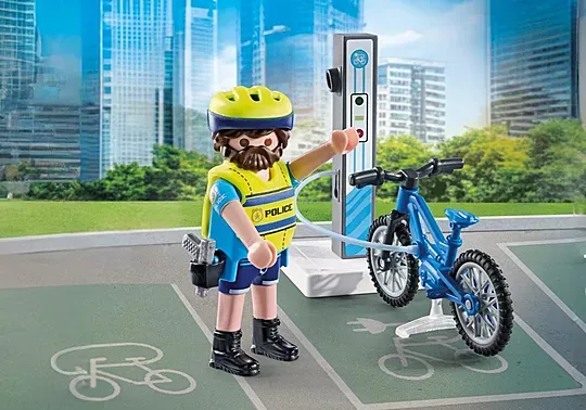 Playmobil policier cycliste et borne de recharge électrique
