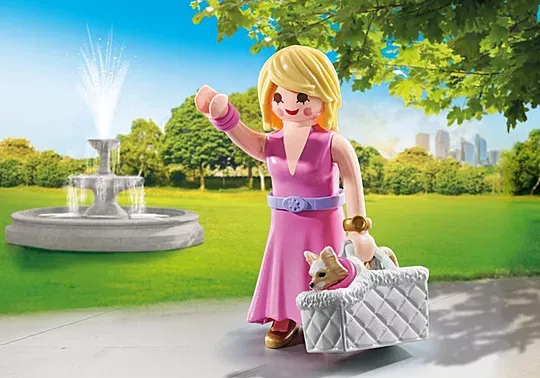 Playmobil Dame avec Chihuahua et le panier pour le transport