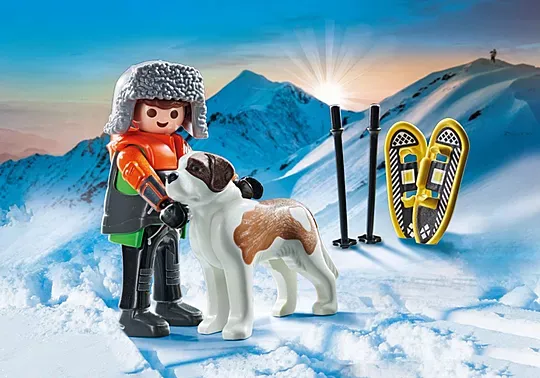 Playmobil Jeune garçon en raquettes avec son chien Saint-Bernard