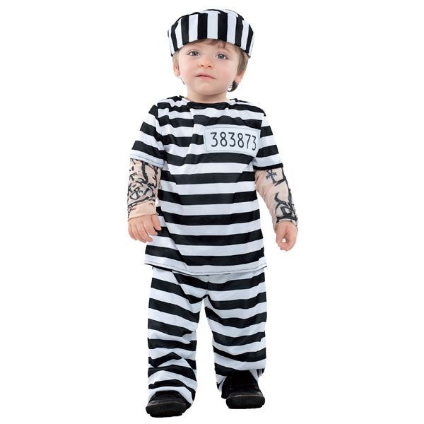 Costume  Baby Prisonnier avec casquette, T-shirt, tatouages ​​et pantalon, pour carnaval, déguisement âge: 1-2 an