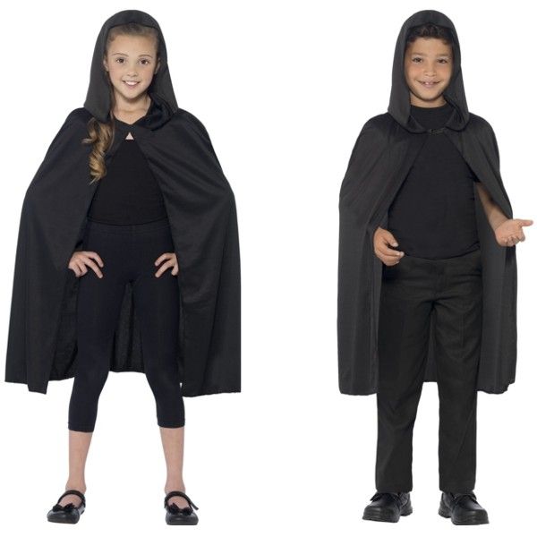 Costume Cape à Capuche noire, pour carnaval, anniversaire, déguisement, grandeur 4-10 ans