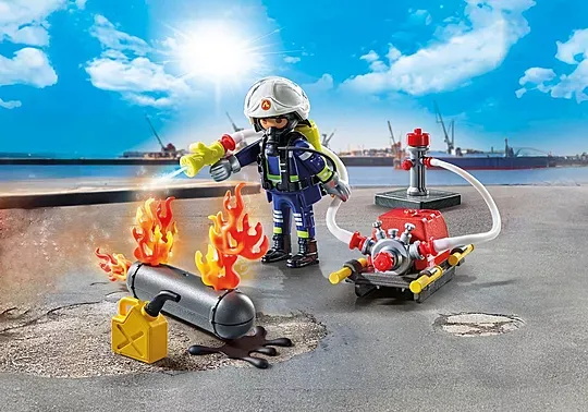 Playmobil Pompier avec pompe à eau et réservoir enflammé