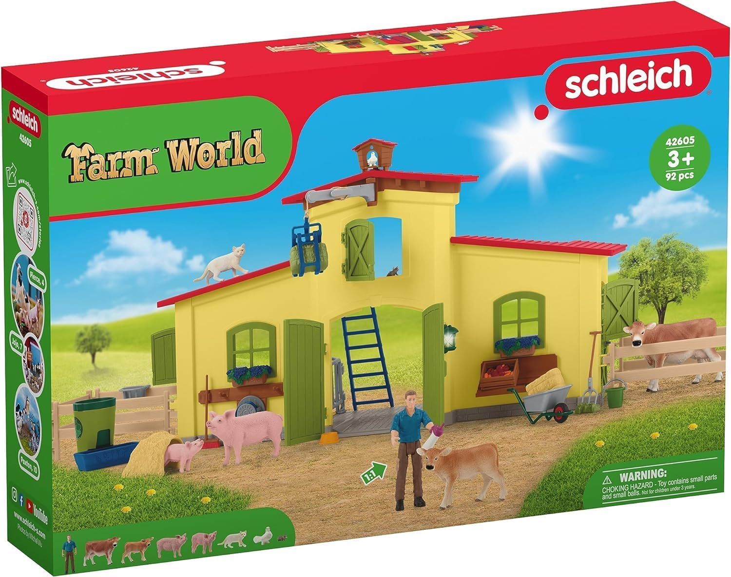 schleich 42605 FARM WORLD Ensemble de Figurines Animaux de la Ferme avec Accessoires - Coffret Ferme éducative de 92 Pièces avec Vache, Cheval, Cochon et Taureau