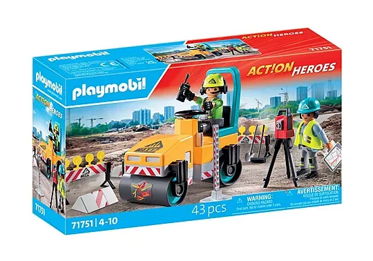 Playmobil Ouvriers avec rouleau compresseur et signalisation