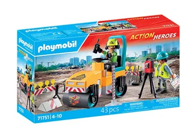 Playmobil Ouvriers avec rouleau compresseur et signalisation