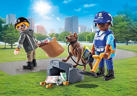 Playmobil Policier chien de recherche, voleur et accessoires