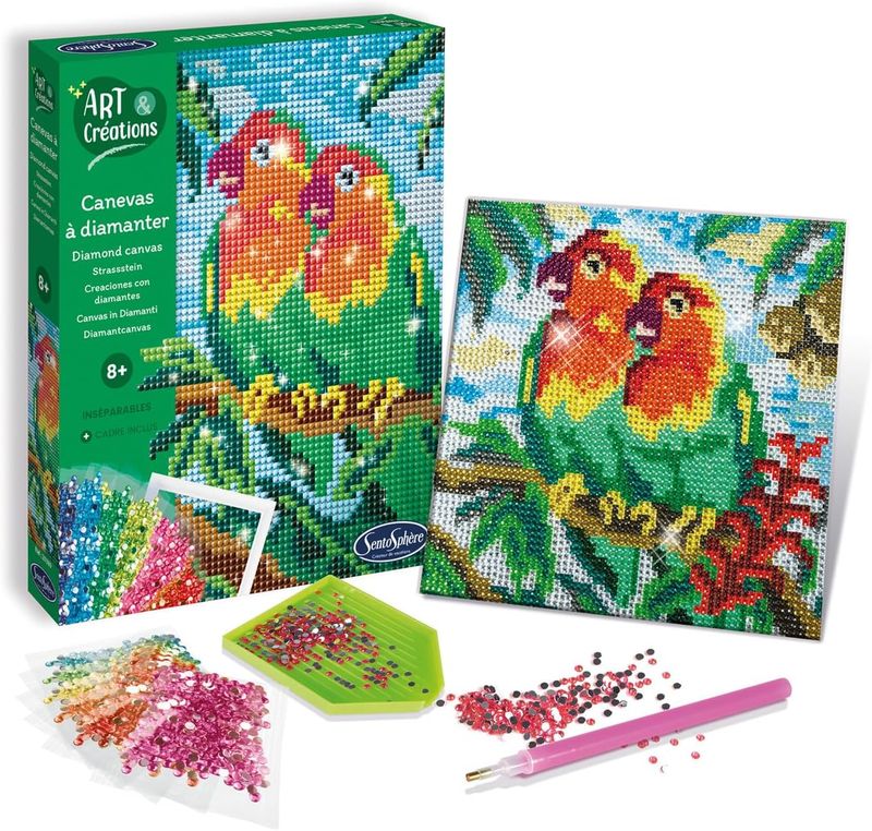 Sentosphère canevas à diamanter oiseaux inséparables, cadre inclus, dès 8 ans