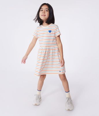Petit Bateau Robe enfant en coton manches courtes à rayures et cœur