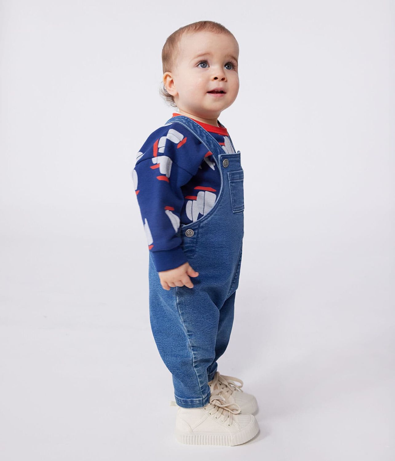Petit Bateau Salopette bébé en jean élasthanne jambes longues, couleur bleu