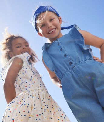 Petit Bateau Combinaison enfant fille en jeans avec volants, couleur bleu DENIM CLAIR