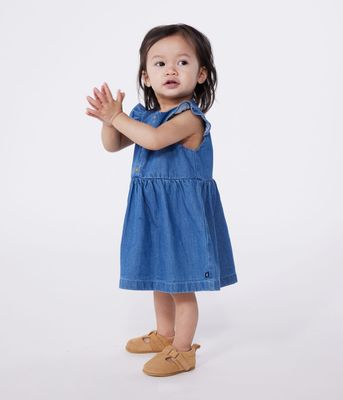 Petit Bateau Robe bébé en jean léger sans manches, couleur bleu DENIM CLAIR